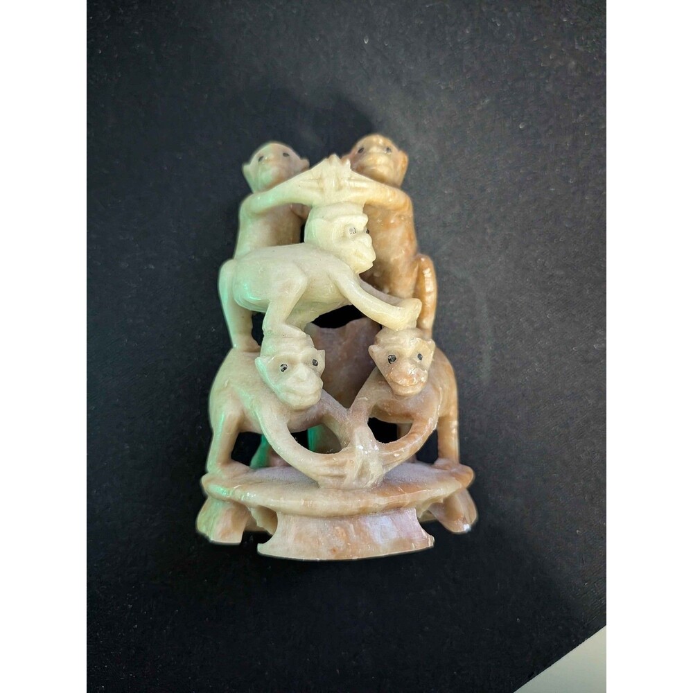 Vintage Chinese Carved Stone Monkey Stack Sculpture Figurine Shanghai Art Decor
